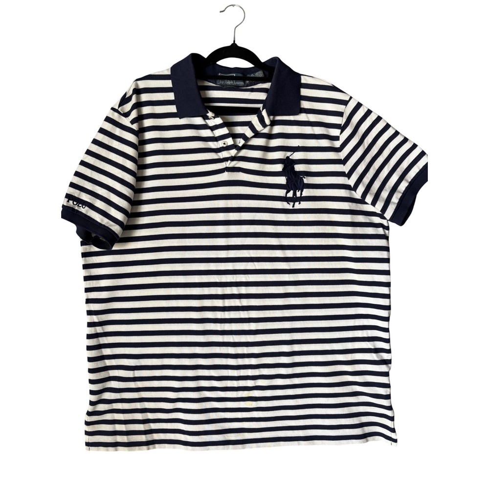 Vintage Polo Ralph Lauren Men XL Big Pony Striped Polo Shirt Navy White Pro Fit